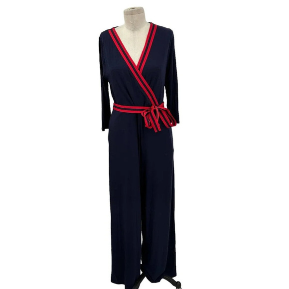 Boden Isla Wrap Jumpsuit Navy Blue / Red Size US 8R - Picture 2 of 10